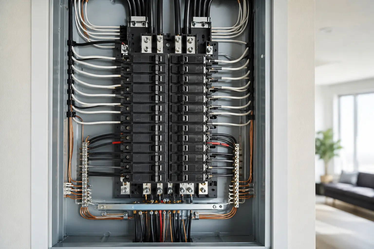 A neat, well-organized residential electrical panel